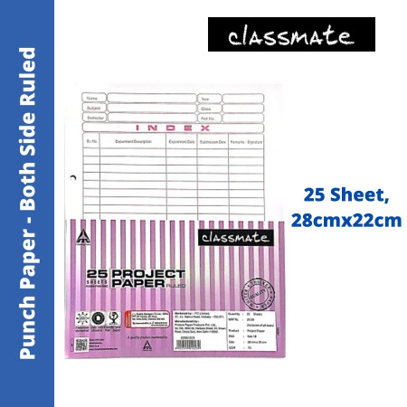 Classmate Project Punch Paper - Both Side Ruled, Pack of 25 Sheets, 28x22 cm (2001223)