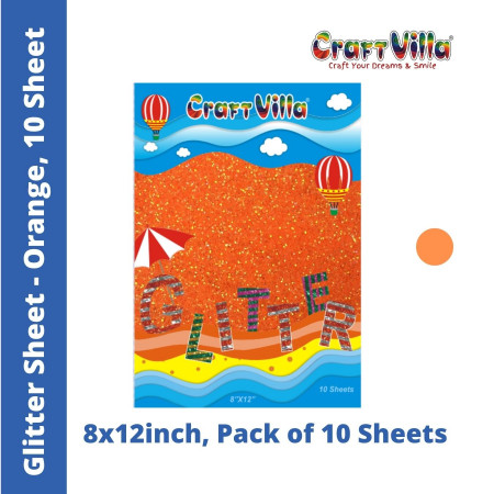 CraftVilla Glitter Sheet A4 - Non-adhesive - Pack of 10 Orange Colour