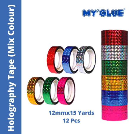 MyGlue Holography Tape - 12mmx15 Yards, 12 Pcs, Mix Colour