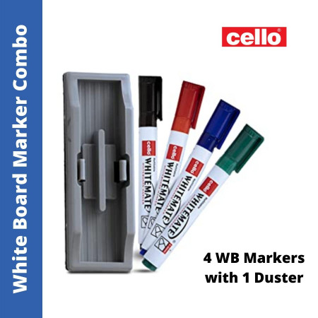 Cello White Board Marker Combo - Red, Blue, Black, Green with 1 Duster