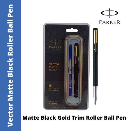 Parker Vector Matte Black Gold Trim Roller Ball Pen (MRP - Rs. 800)