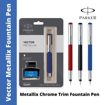 Parker Vector Metallix Chrome Trim Fountain Pen - with 1N Quinkn Ink Bottle (30ml) (MRP - Rs. 550)