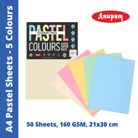 Anupam A4 Pastel Sheets - 5 Colours, 50 Sheets, 160 GSM (329154)