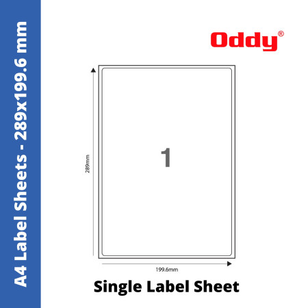 Oddy A4 Label Sheets - Single Label Sheet, 289x199.6 mm, Pack of 100 Sheets (ST-1A4100)