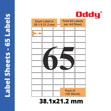 Oddy Label Sheets - 65 Labels Format, 38.1x21.2 mm, Pack of 100 Sheets (ST-65A4100)