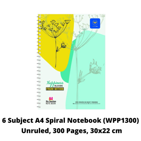 WorldOne 6 Subjects A4 Spiral Notebook - Unruled, 300 Pages, 30x22 cm (WPP1300)