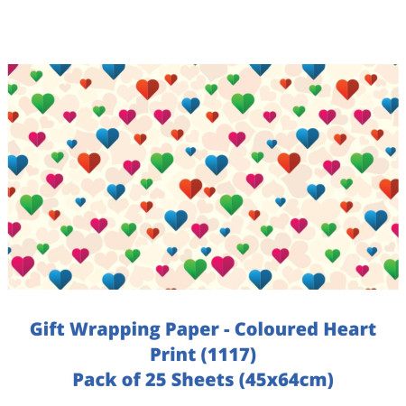 Gift Wrapping Paper - Coloured Heart Print, Pack of 25 Sheets (1117)
