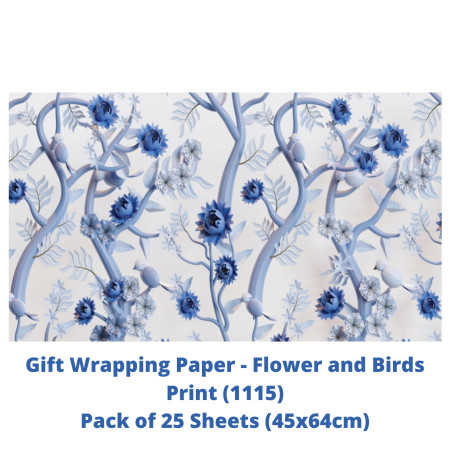 Gift Wrapping Paper - Flower and Birds Print, Pack of 25 Sheets (1115)