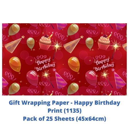 Gift Wrapping Paper - Happy Birthday Print, Pack of 25 Sheets (1135)