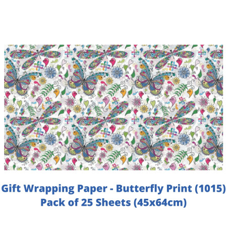 Gift Wrapping Paper - Butterfly Print, Pack of 25 Sheets (1015)