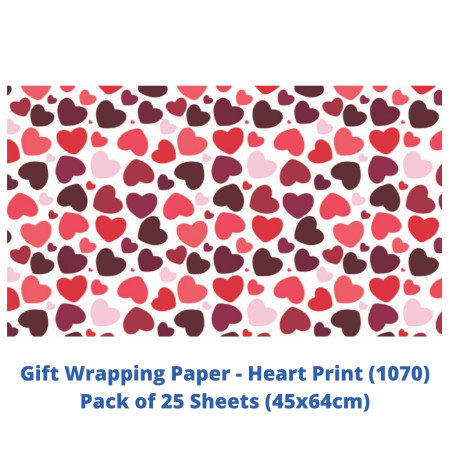 Gift Wrapping Paper - Heart Print, Pack of 25 Sheets (1070)