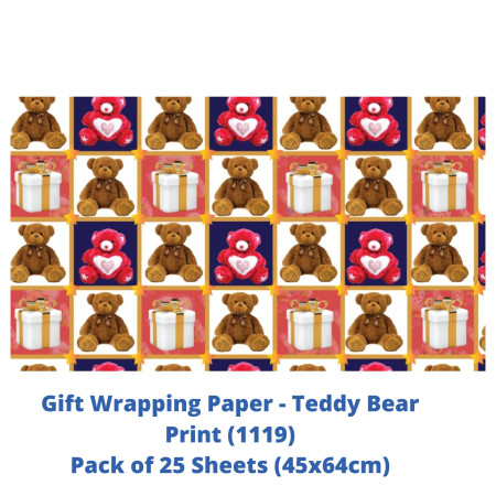 Gift Wrapping Paper - Teddy Bear Print, Pack of 25 Sheets (1119)