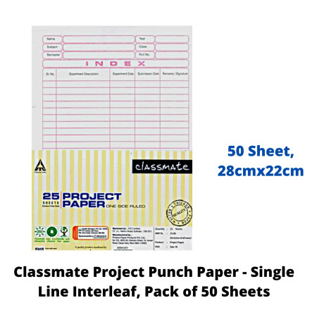 Classmate Project Punch Paper - Single Line Interleaf, Pack of 50 Sheets, 28x22 cm (2001222)