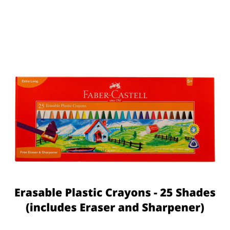 Faber Castell Erasable Plastic Crayons - 25 Shades (includes Eraser and Sharpener)