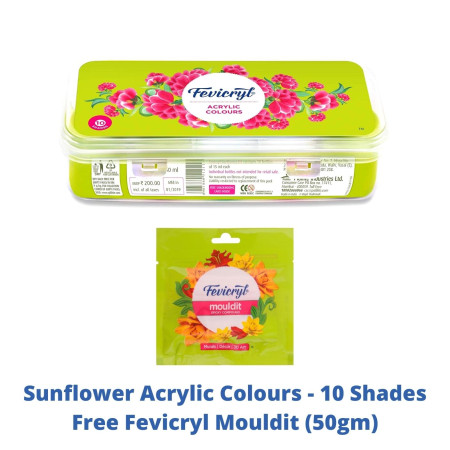 Pidilite Fevicryl Acrylic Colours Sunflower Kit - 10 Shades, Free 50gm Fevicryl Mouldit