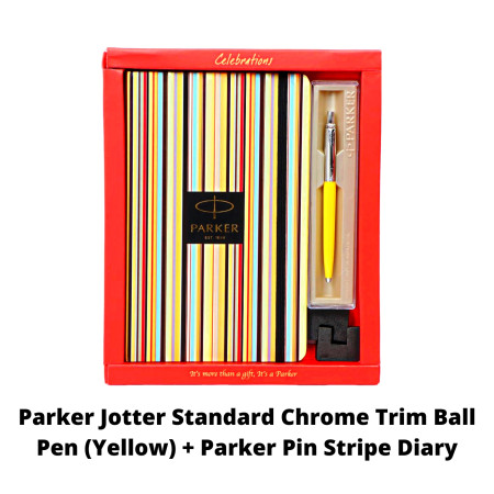 Parker Jotter Standard Chrome Trim Ball Pen (Yellow) + Parker Pin Stripe Diary