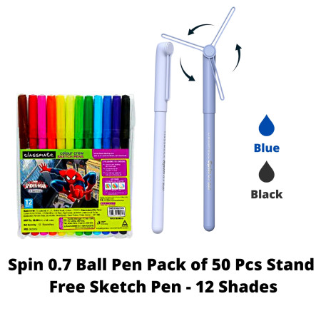 Classmate Spin 0.7 Ball Pen Pack of 50 Pcs Stand - Free Sketch Pen - 12 Shades (4030501)