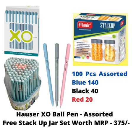 Hauser XO Ball Pen - Assorted 300 Pcs, Free Stack Up Jar Set Worth MRP - 375/-