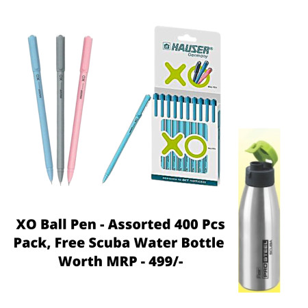Hauser XO Ball Pen - Assorted 400 Pcs Pack, Free Scuba Water Bottle Worth MRP - 499/-
