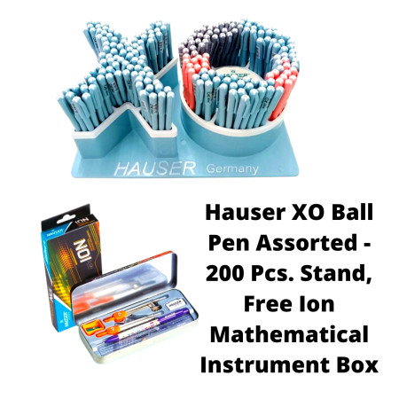 Hauser XO Ball Pen Assorted - 200 Pcs. Stand, Free Ion Mathematical Instrument Box