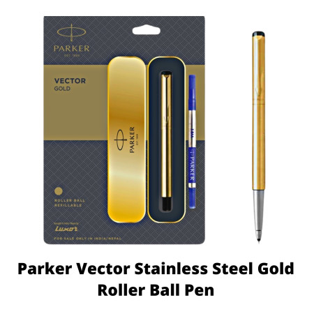 Parker Vector Stainless Steel Gold Roller Ball Pen (MRP - Rs. 900)