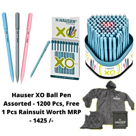 Hauser XO Ball Pen Assorted - 1200 Pcs, Free 1 Pcs Rainsuit Worth MRP - 1425 /-