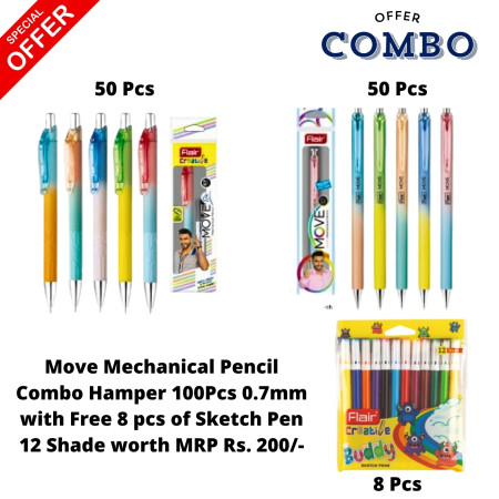 Flair Move Mechanical Pencil Combo Hamper 100 pcs - 0.7mm with 8pcs of Sketch Pen 12 shade worth MRP Rs. 200/-