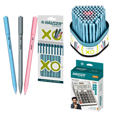 Hauser XO Ball Pen Assorted - 600 Pcs, Free 1 Pcs Hauser Calculator HC750 MRP - 750/-