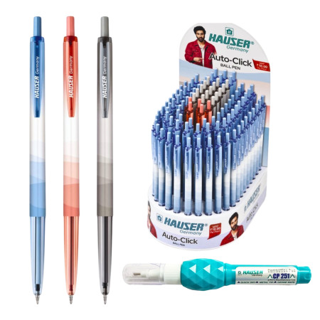 Hauser Auto Click Ball Pen Assorted - 100 Pcs Stand, Free 6 Pcs CP 251 Correction Pen