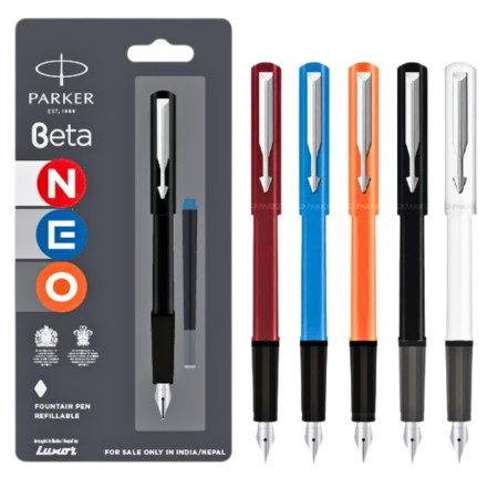 Parker Beta Neo Chrome Trim Fountain Pen - with 1N Blue Ink Cartridge (MRP - Rs. 180)